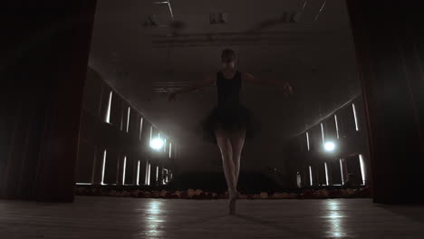 slow motion: ballerina dancing in pointe shoes on stage in smoke in the dark light back view. the camera moves on gimbal