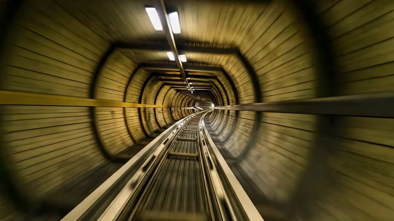 Camera gliding in timber-lined tunnel after ride start, with twin steel rails and rings