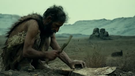 un hombre de las cavernas usando una herramienta de piedra