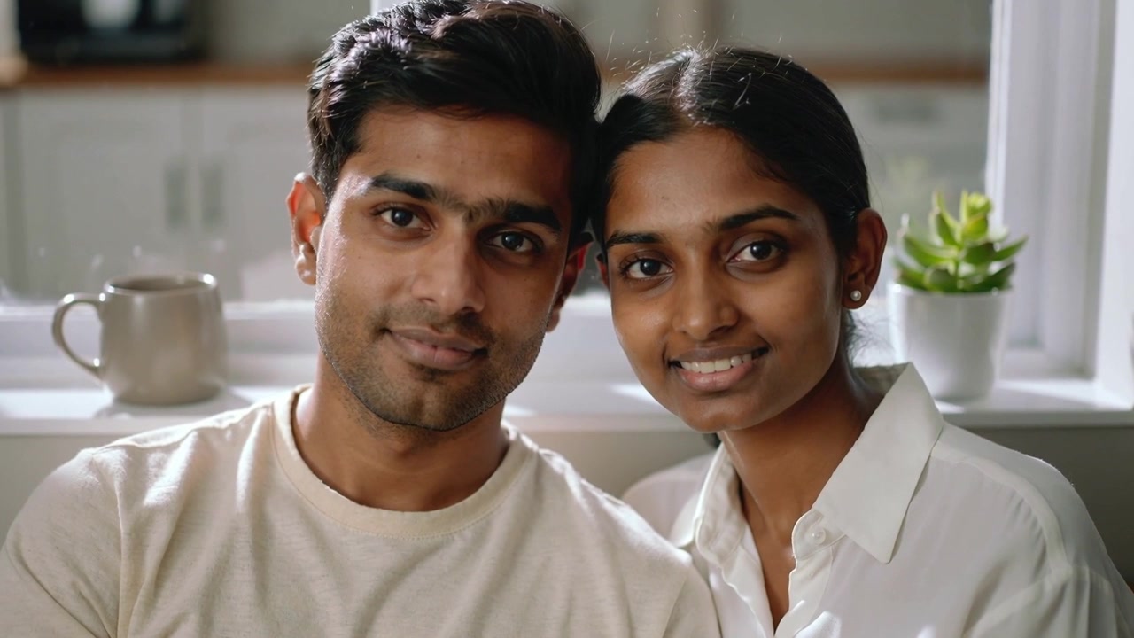 Smiling Indian couple posing for portrait in kitchen cam starting, cup plant, beige shirt
