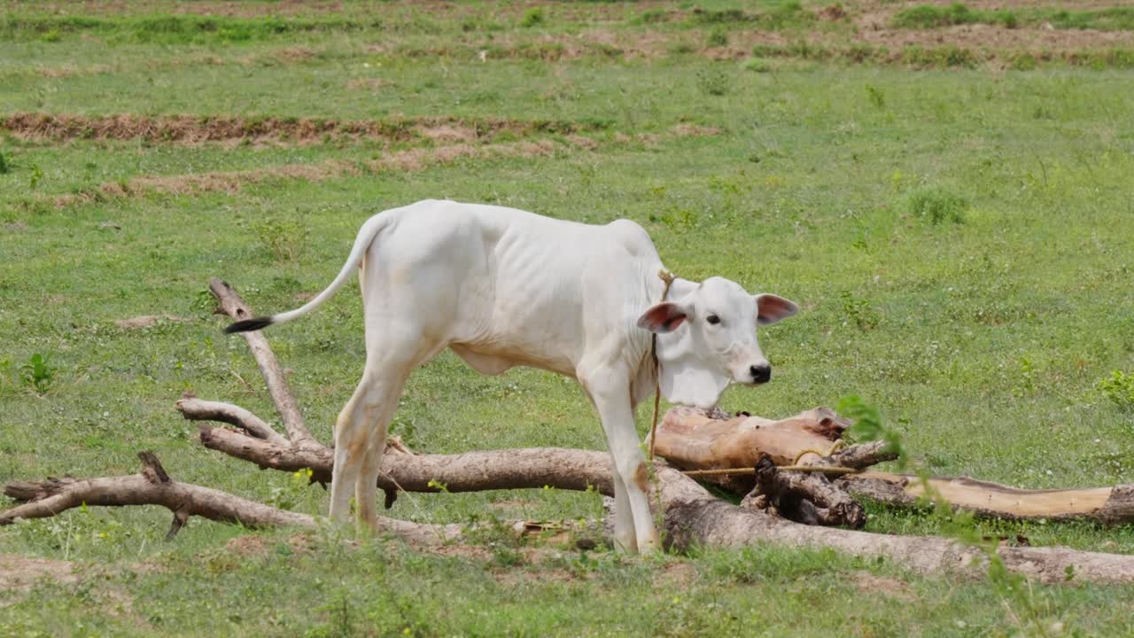 indian white calf tie with rope to tree branch at telangana, india. day time, stable shot, 4k.