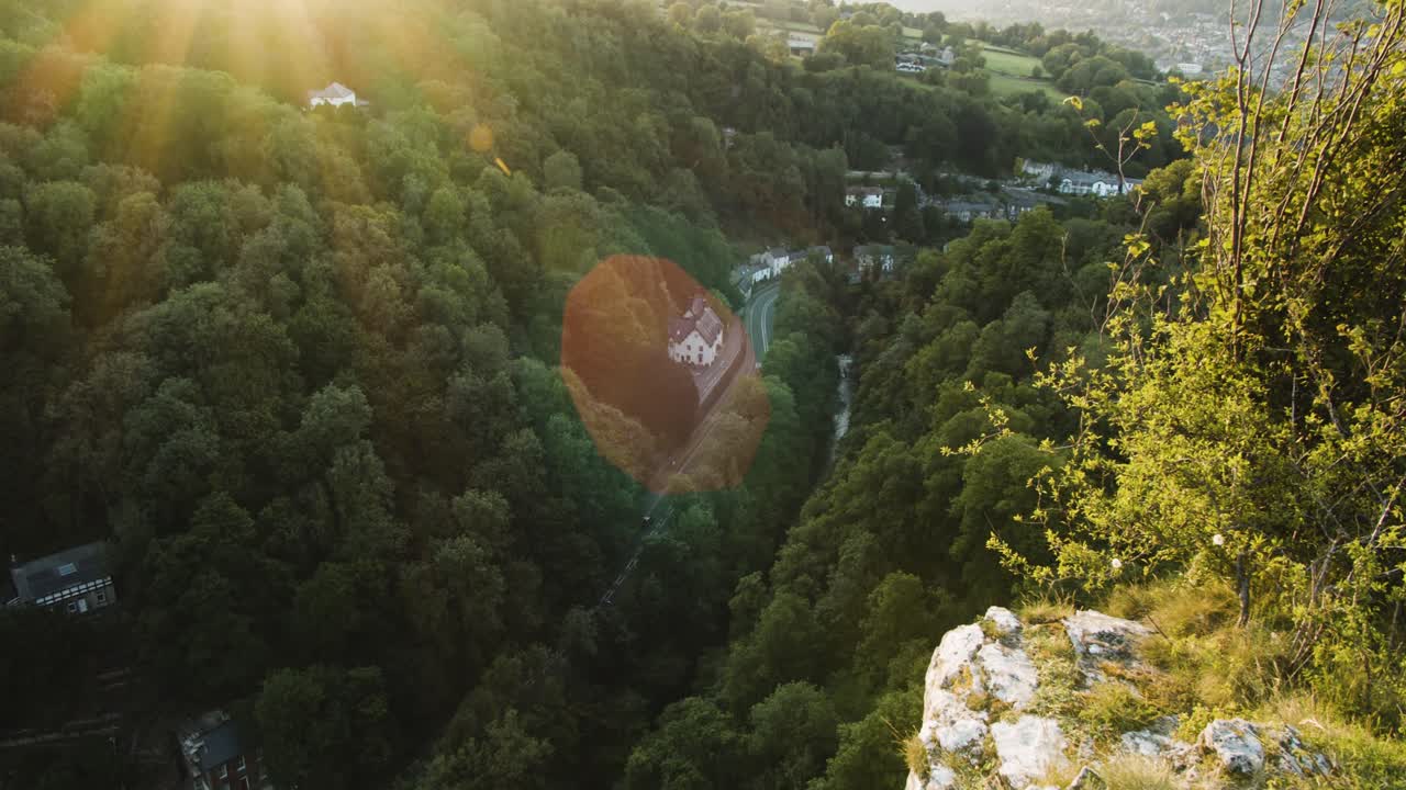 태양 플레어 효과가 있는 무성한 녹색 숲을 통과하는 작은 도로, 더비셔, 영국