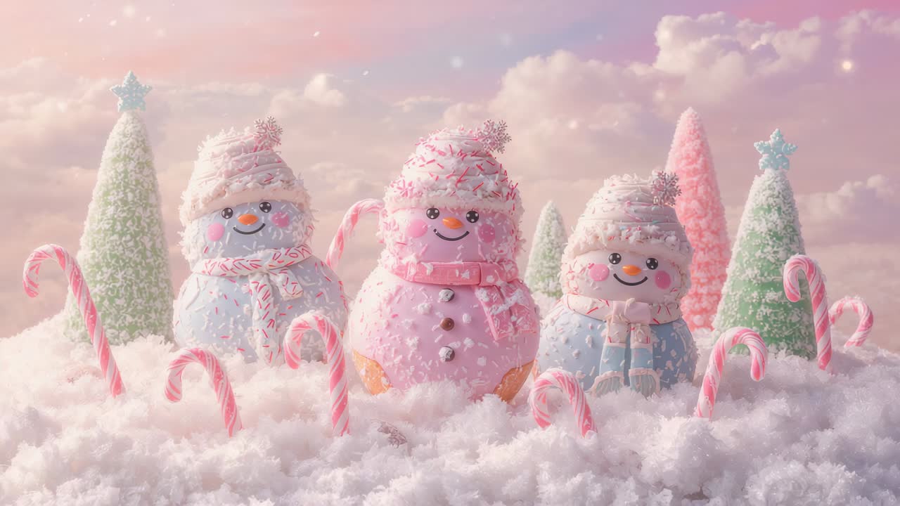 Pulling back camera revealing platter base, showing candy canes and 3 snowmen wearing hats scarves