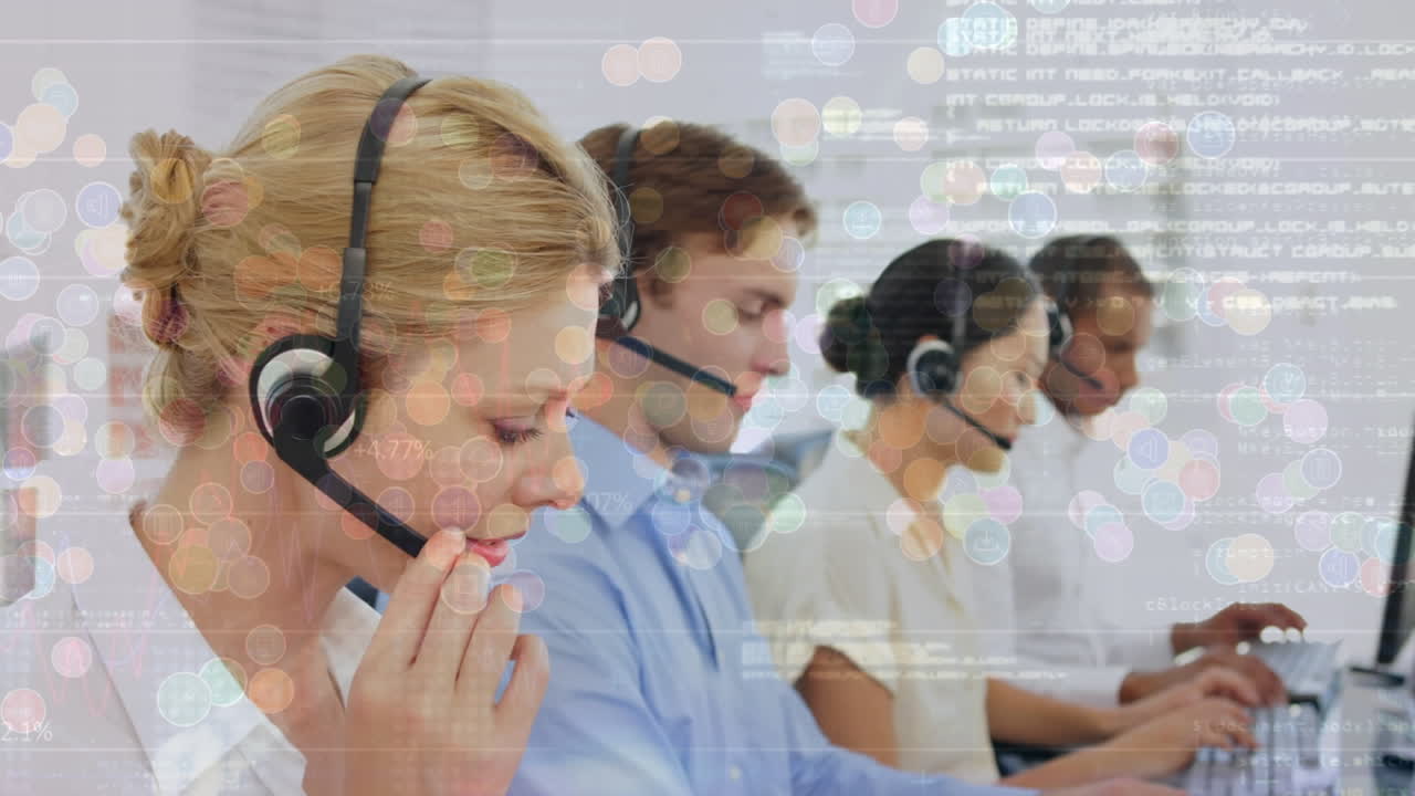 전화 헤드 ⁇ 을 착용 한 사람들 위에 연결 네트워크와 아이콘의 애니메이션