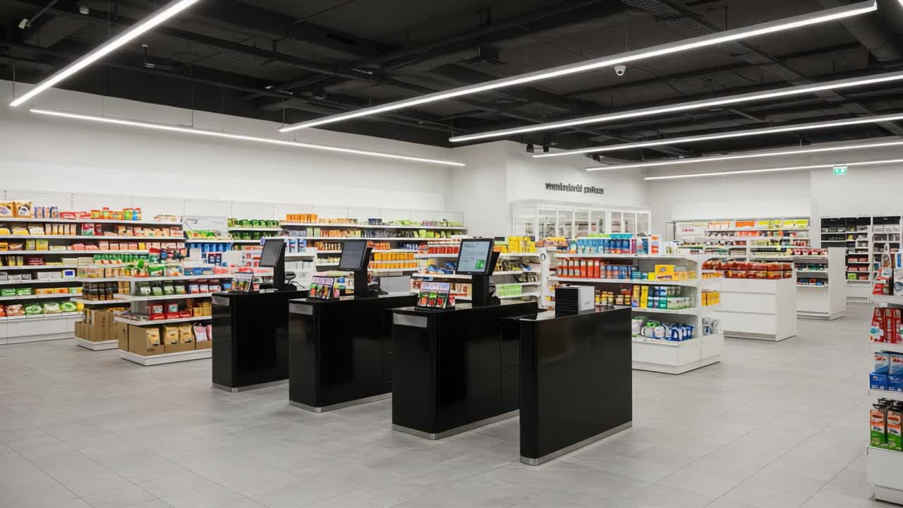 Modern Retail Interior Design Featuring Sleek Checkout Counters in a Well-Organized Aisle with Vibrant Product Displays in a Brightly Lit Space