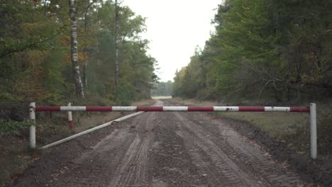 closed entrance to forest park with rough trail in early autumn