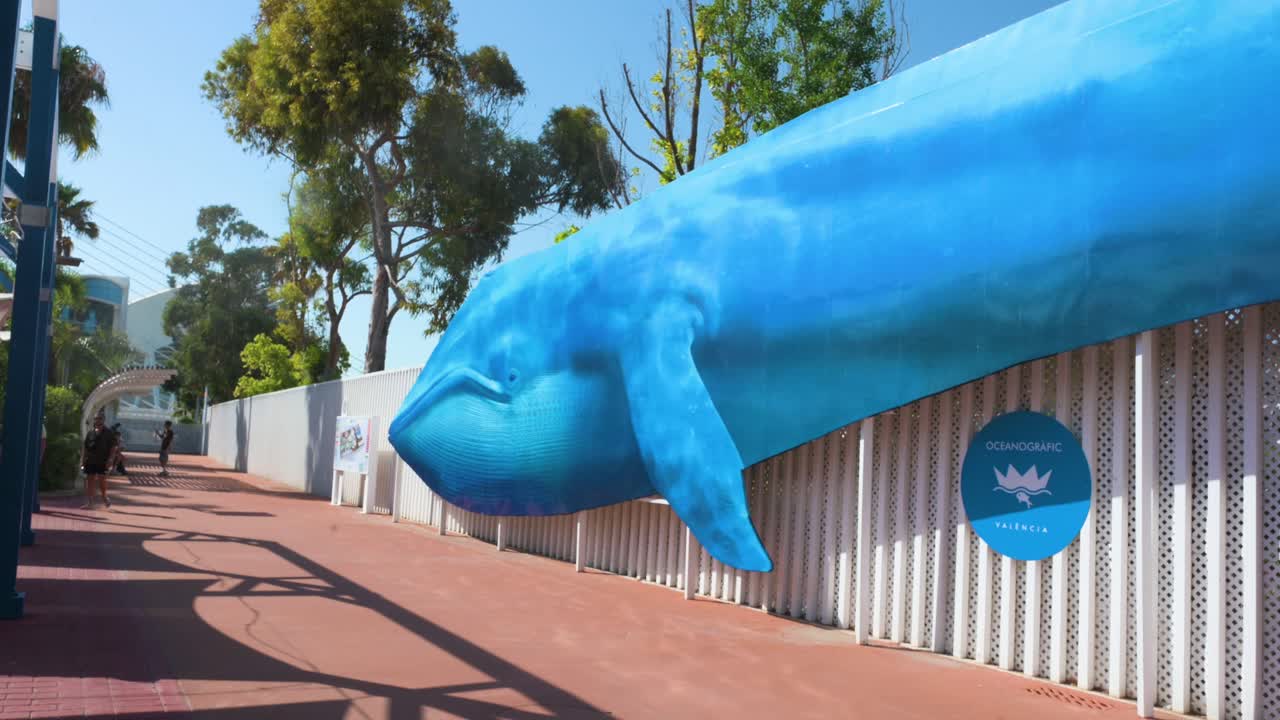 A large whale image greets visitors at Oceanografic, Valencia’s marine park. It features over 500 species, including dolphins, belugas, and sharks, making it Europe's largest oceanographic park.