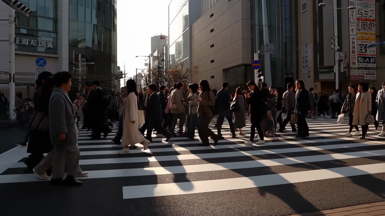 Pedestrians crossing a busy city street in Japan