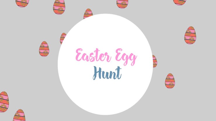 Animation of easter egg hunt in circle over easter eggs on grey background