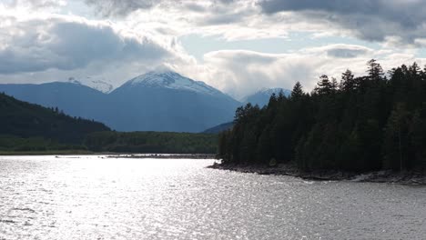 scenic view of snow-capped mountains, a lake, and a pine forest in bc, canada
