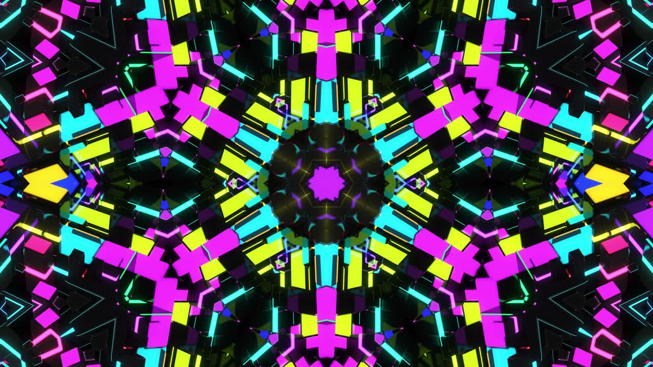 Kaleidoskop neon gelap dengan animasi rotasi. Latar belakang gelap berulang 4K dengan pola simetris abstrak dari cahaya neon 3D geometris. Latar belakang cyberpunk fiksi ilmiah untuk festival atau konser, VJ loop.