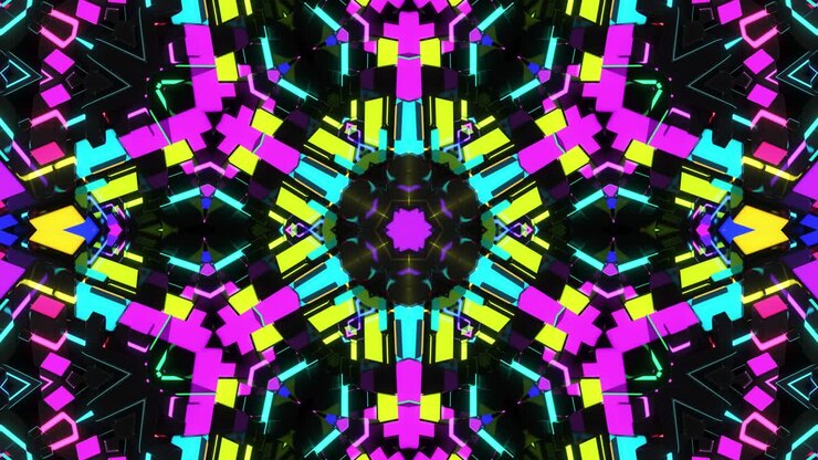 Dark neon kaleidoscope with rotation animation. 4k dark looped background with abstract symmetrical pattern of geometric 3d neon light. Science fiction cyberpunk bg for festivals or concerts, VJ loop.