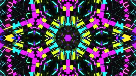 kaleidoscopio al neon scuro con animazione a rotazione. sfondio a loop scuro 4k con modello simmetrico astratto di luce al neon 3d geometrica. cyberpunk fantascienza bg per festival o concerti, loop vj.