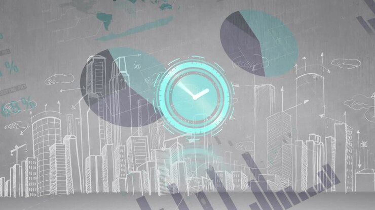 Animation of clock moving fast and statistics data processing over cityscape