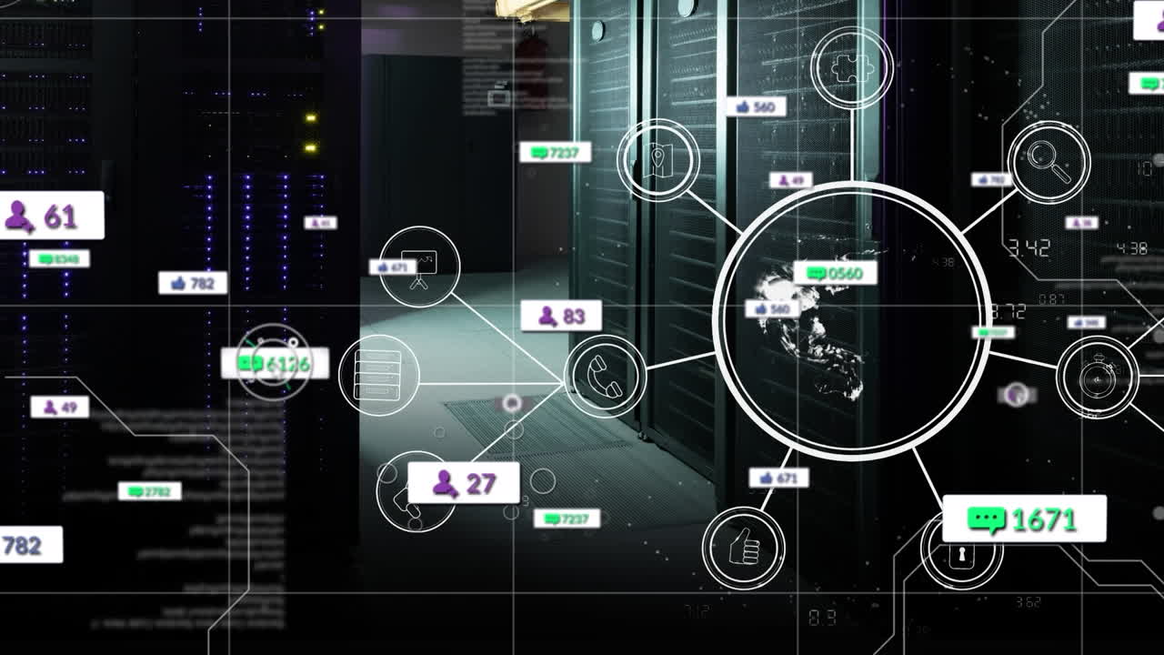 Animation of media icons and data processing over server room