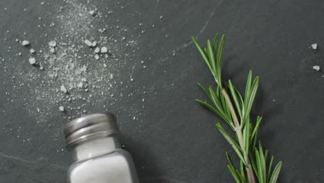 video of rosemary twig and spoon of salt on stone background