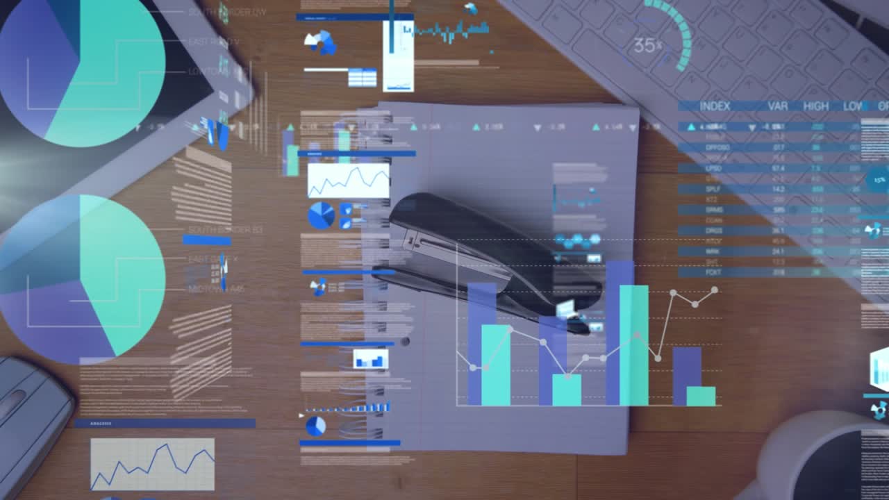 Animating of statistical data processing against stapler falling on wooden office table