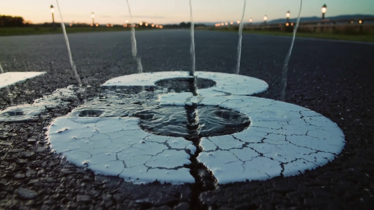 Descending thin water streams striking large cracked numeral on tarmac at dusk, forming puddles