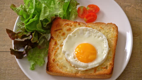 homemade bread toasted with cheese and fried egg on top with vegetable salad for breakfast