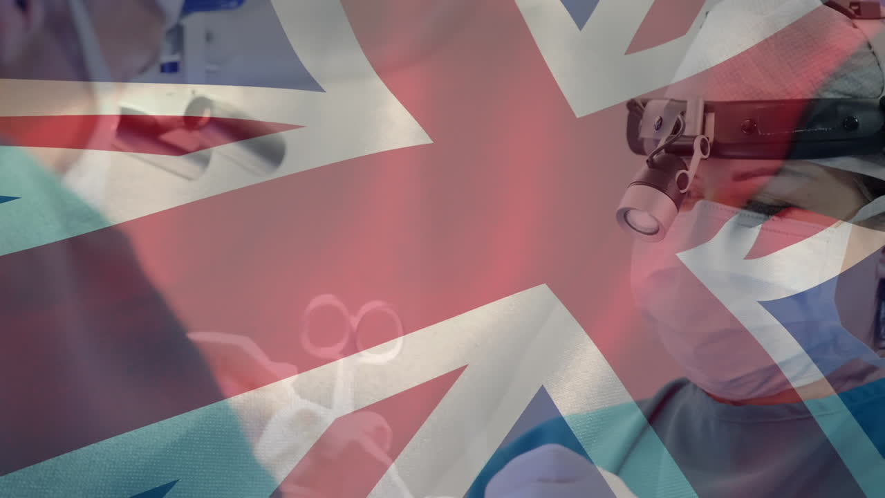수술 중 의사 들 위 에 있는 영국 국기 의 애니메이션