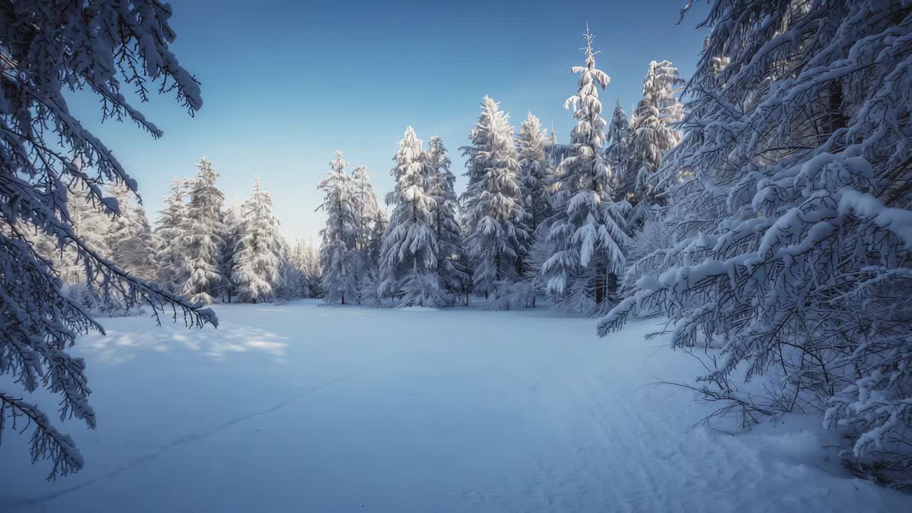 Kamera som glir fremover og avslører sentrale trær i en snødekt skog med skispor