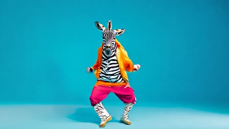 a zebra in a colorful outfit is dancing on a blue background