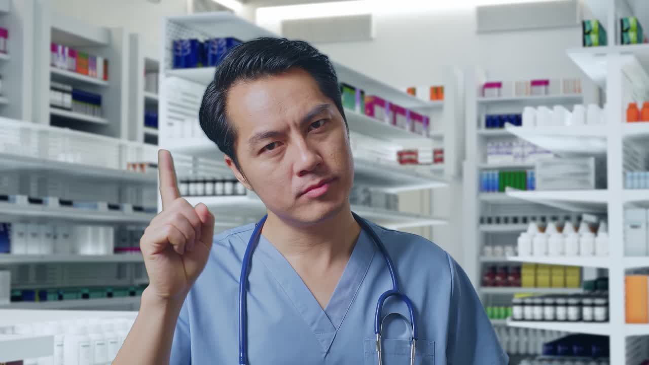 스테토스코프를 들고 약국에 서 있는 아시아 남성 의사의 근접 촬영