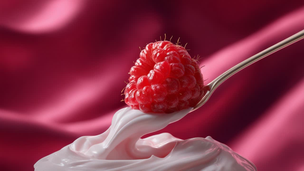 Indulgent Raspberry Delight: A Luscious Spoonful of Creamy Dessert Elegance with a Fresh Raspberry Topping Against a Rich, Silky Background