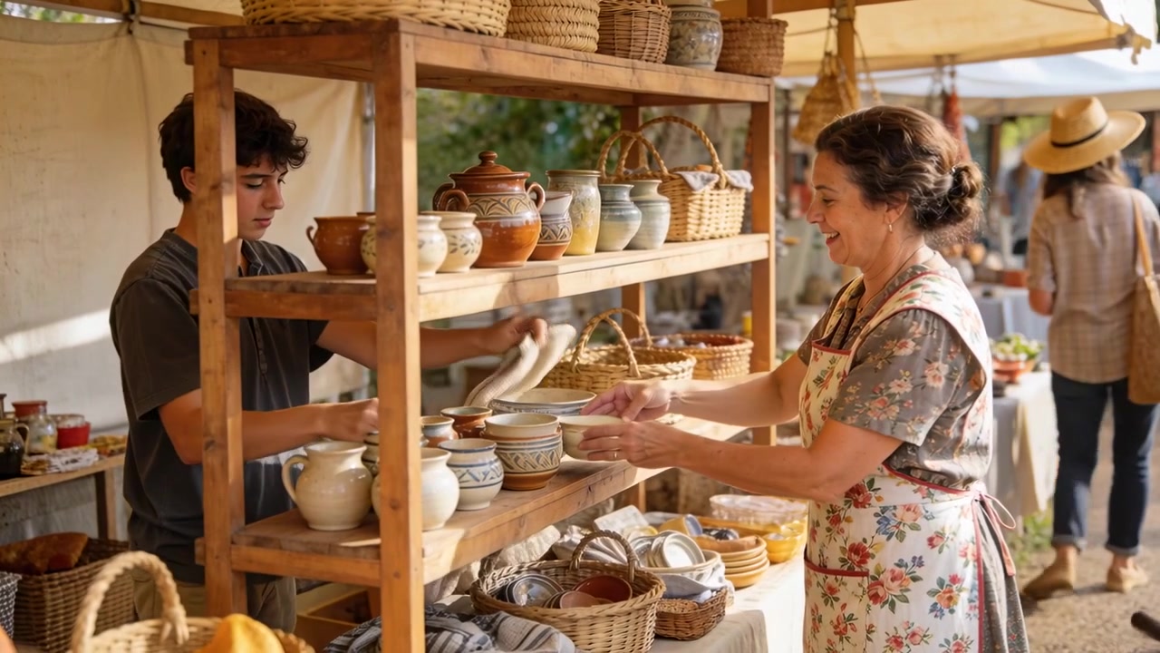 Clienti di passaggio, una donna in abito floreale e un ragazzo che sistemano ceramiche in vendita sugli scaffali di una bancarella del mercato