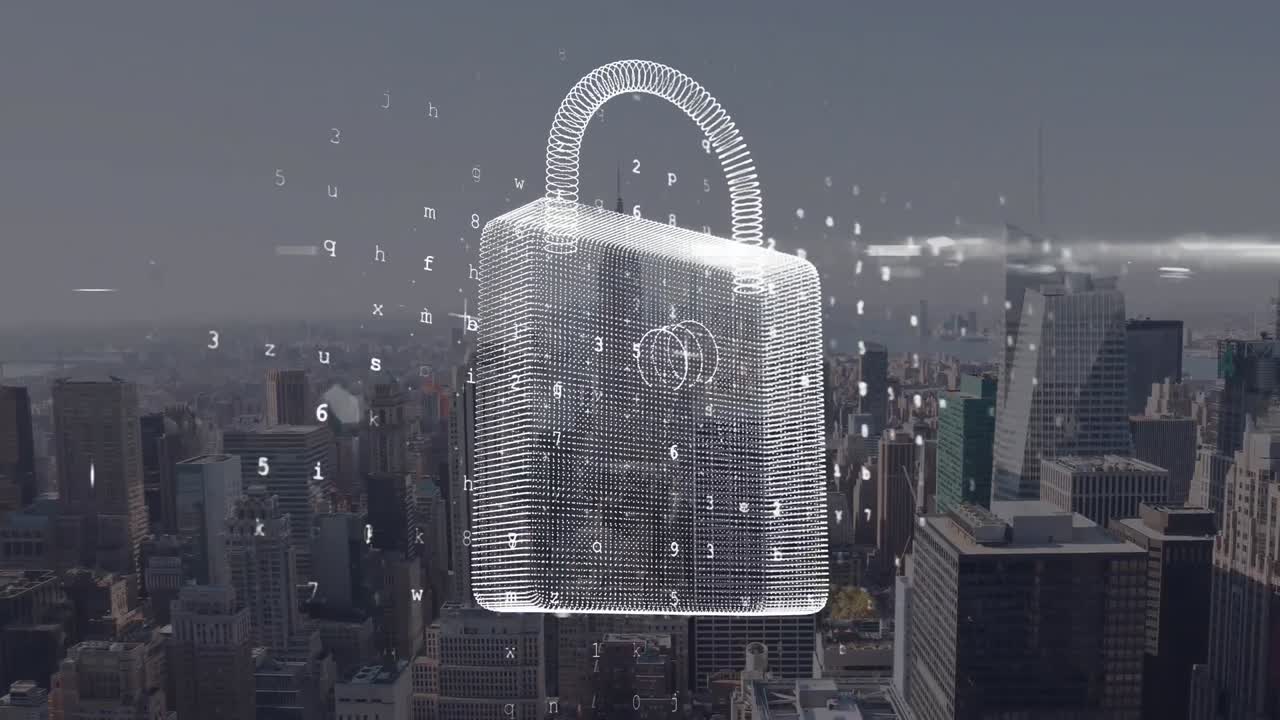 animatie van cyberbeveiliging over het stadsbeeld