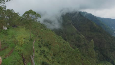 caucasian blond woman hiking along edge of viewpoint looking at lake batur, aerial