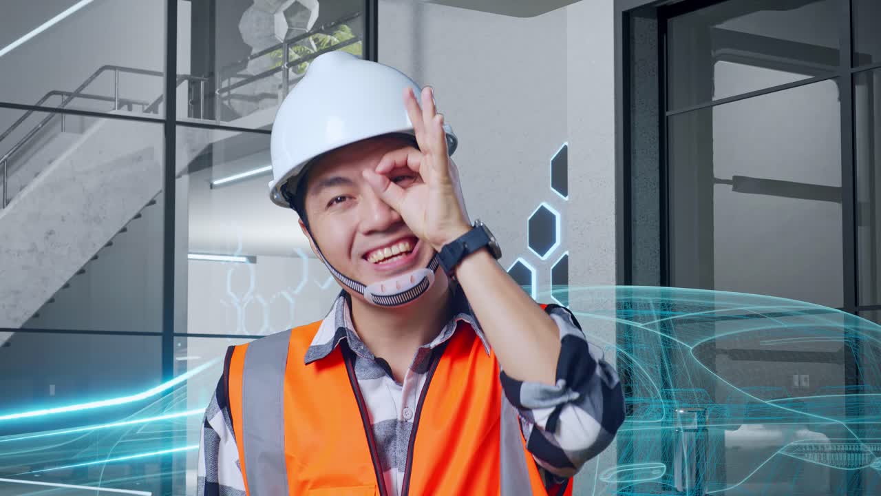 vr 자동차 디자인으로 현대적인 건물에서 미소 짓는 엔지니어