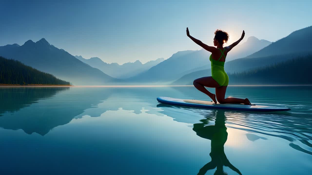 Serene Paddleboarding Practice at Dawn: A Tranquil Silhouette Reflecting on the Calm Waters of a Beautiful Lake Surrounded by Majestic Mountains in Early Morning Light