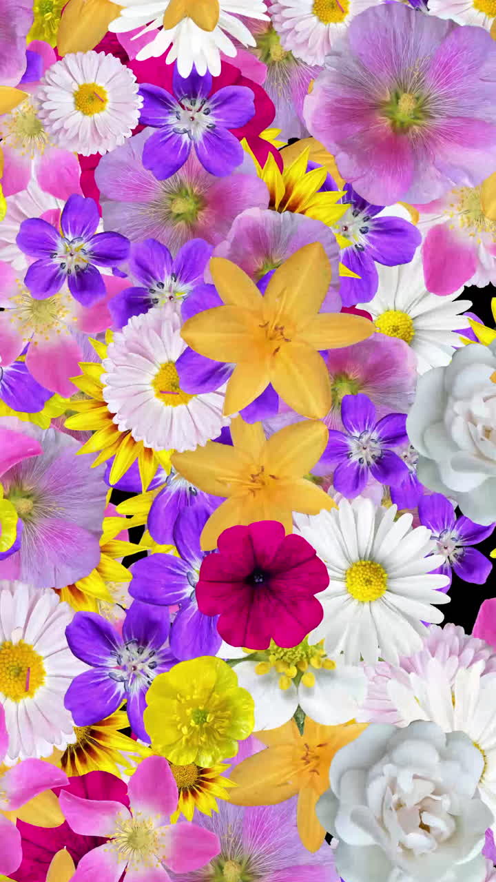 Collage animato di fiori vivaci su sfondo nero
