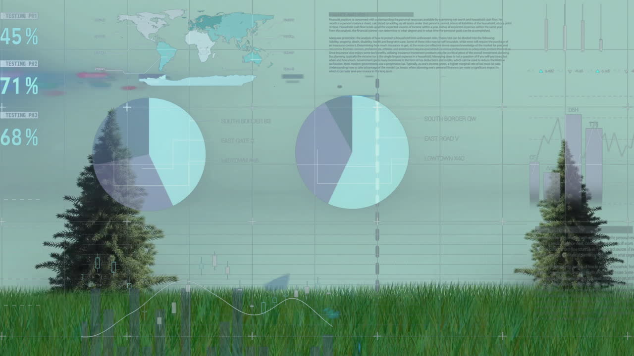 animación del procesamiento de datos financieros sobre árboles y hierba