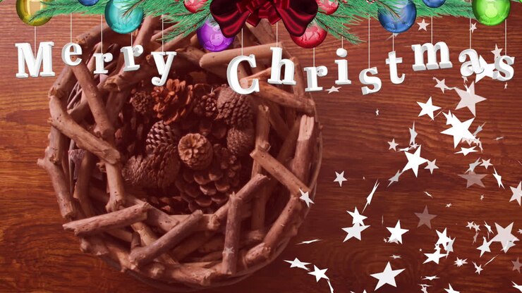Animation of merry christmas greetings text with stars over christmas decorations