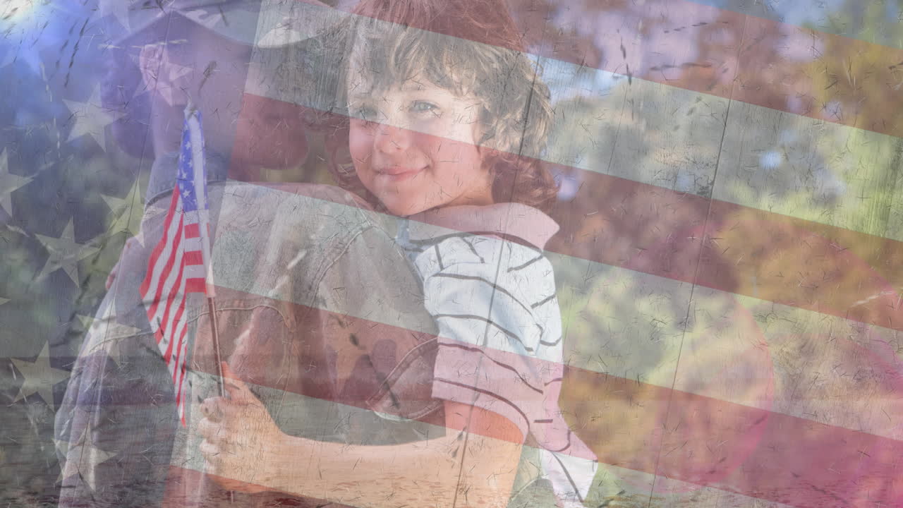 animación de una soldado con su hijo sobre la bandera estadounidense