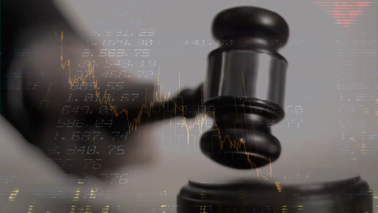 Animation of statistics and financial data processing over auctioneer's hammer
