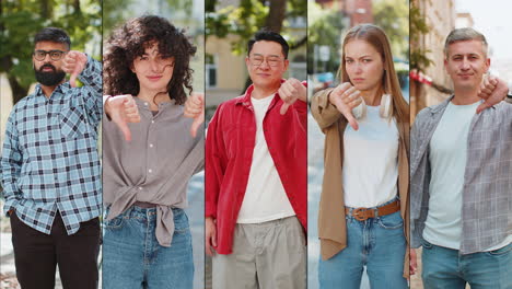 collage of upset frustrated diverse people gives thumbs down negative feedback disapproval fail lose