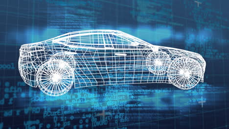 disegno tecnico rotante di un'automobile su sfondo blu