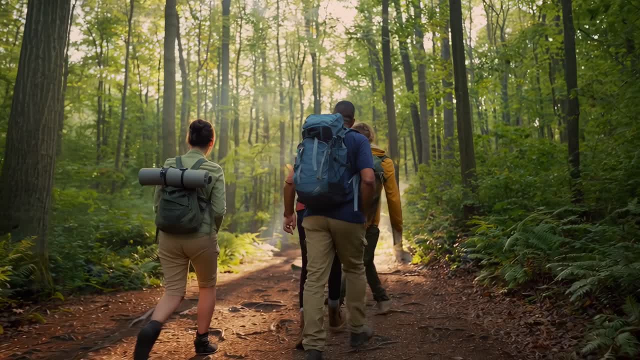 Video di escursionisti di spalle su un sentiero nel bosco, ripreso dal basso, con luce naturale.