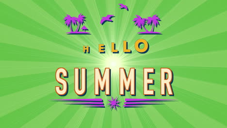 hello summer with fly birds and tropical palms in sunset