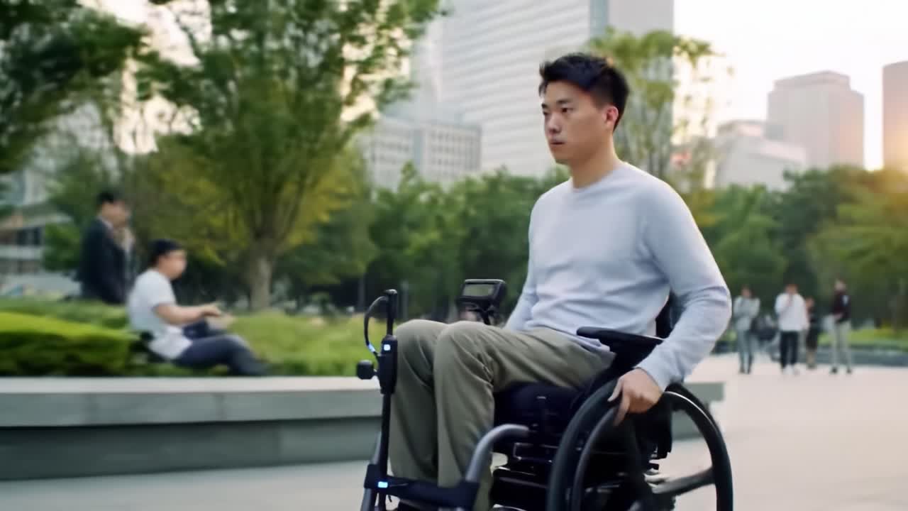 A Young Individual Navigating a Modern Urban Landscape in a Wheelchair, Emphasizing Independence and Accessibility in City Life