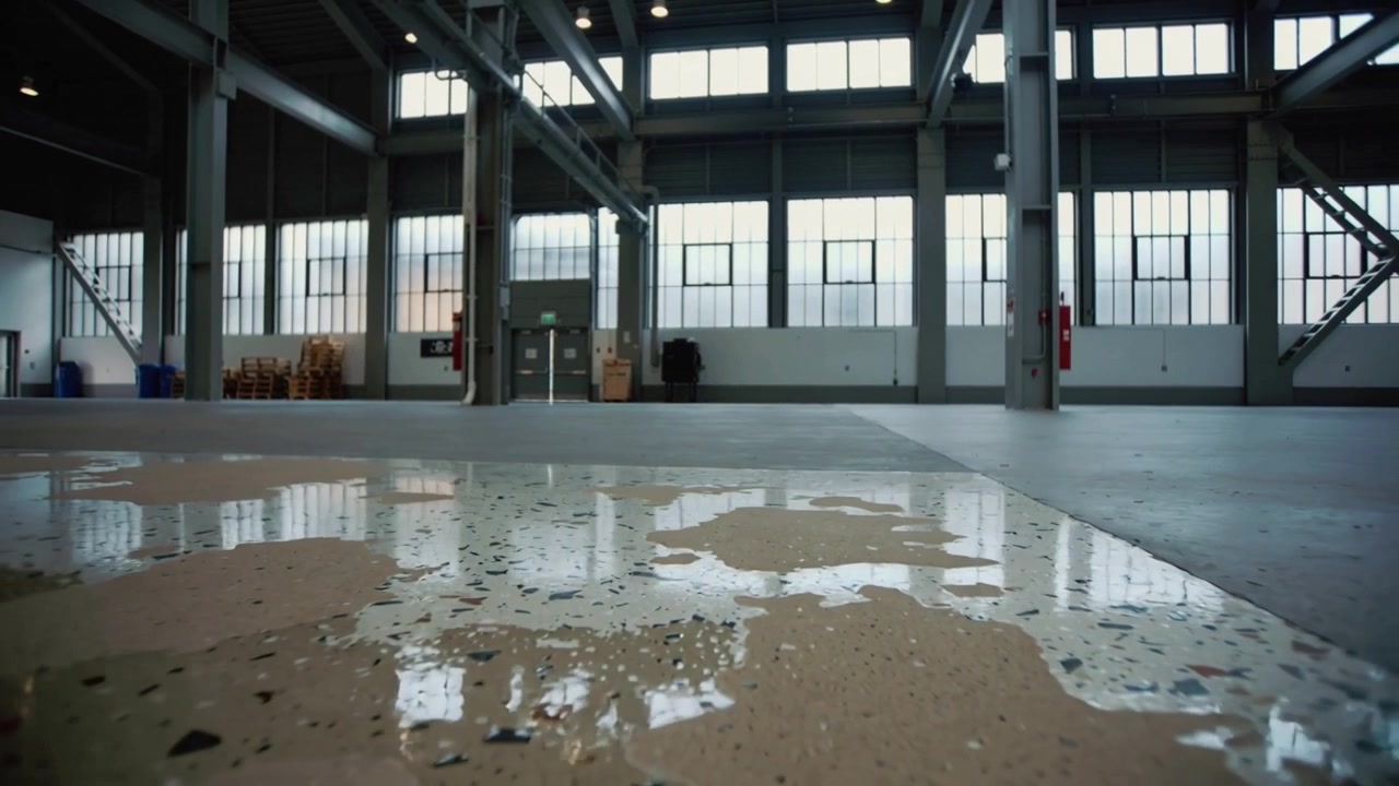 Telecamera che si allontana rivelando una pozzanghera sul pavimento bagnato in un magazzino industriale, enfatizzando le dimensioni dell'edificio.