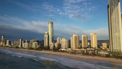 Aerial-of-Surfers-Paradise-skyline-at-sunrise,-Gold-Coast,-Queensland,-Australia-20230502