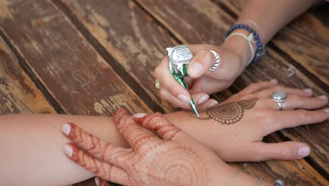 young girl puts traditional henna tattoo on female hand over wooden table, close up view