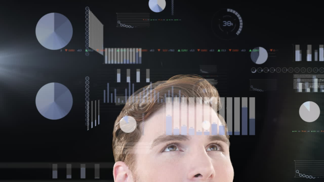 Multiple screens with data processing over thoughtful caucasian man against black background