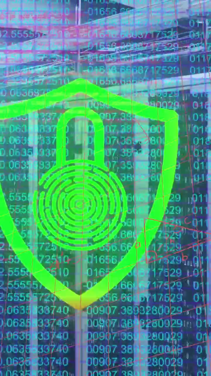 Animation of security padlock icon and data processing against computer server room