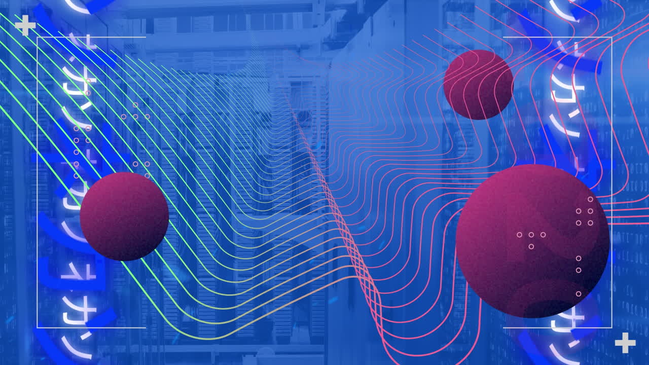 Animation of purple spheres, digital wave and chinese texts against computer server room