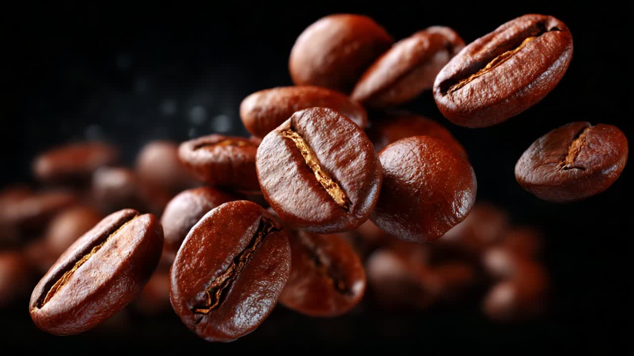 Dynamiske kaffebønner i bevægelse: Fængslende visuelt billede af ristede kaffebønner, der svæver mod en mørk baggrund, og fremhæver deres rige tekstur og farve. Perfekt til kaffeentusiaster og -bryg.
